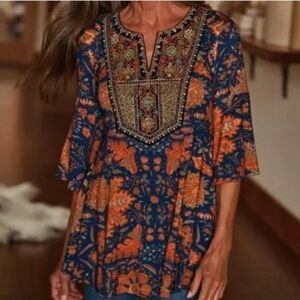 Soft Surroundings Vivian Boho Heavily Embroidered Top Size XS‎